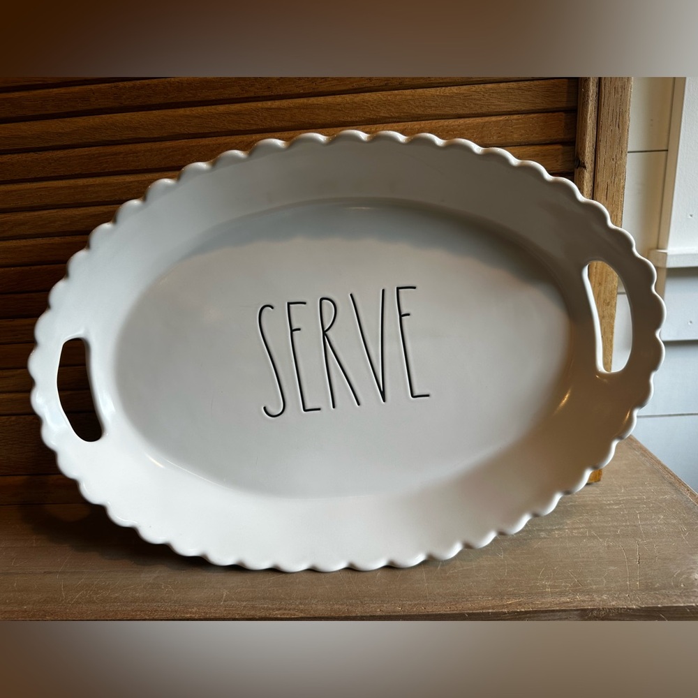 Rae Dunn White Oval SERVE Platter with Scalloped Edge